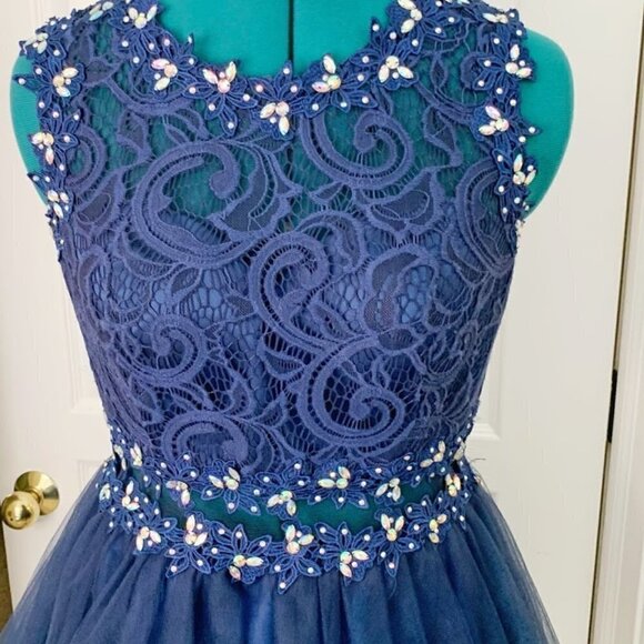 Homecoming Prom Party Beaded Lace Rhinestone Tulle Skater Dress - Picture 5 of 14